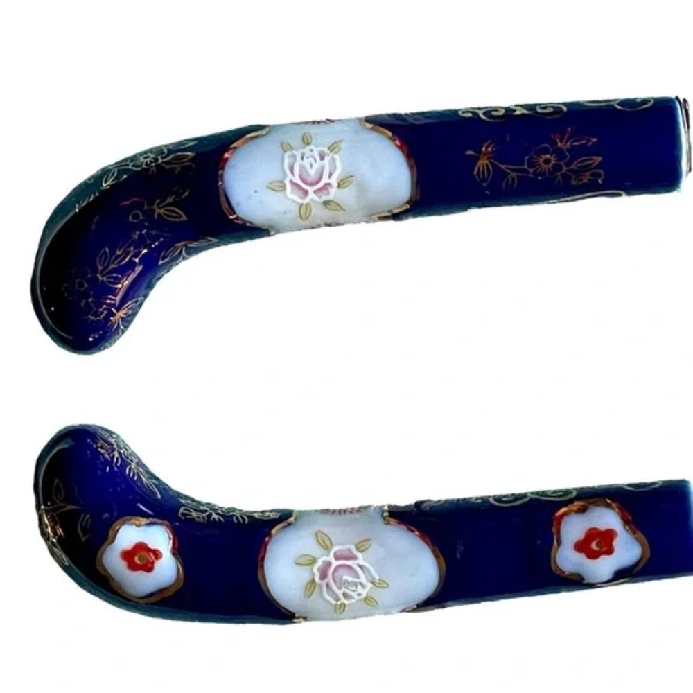 CLOISONNÉ SALAD SERVERS stainless steel SHEFFIELD ENGLAND floral pattern EUC - Picture 6 of 16